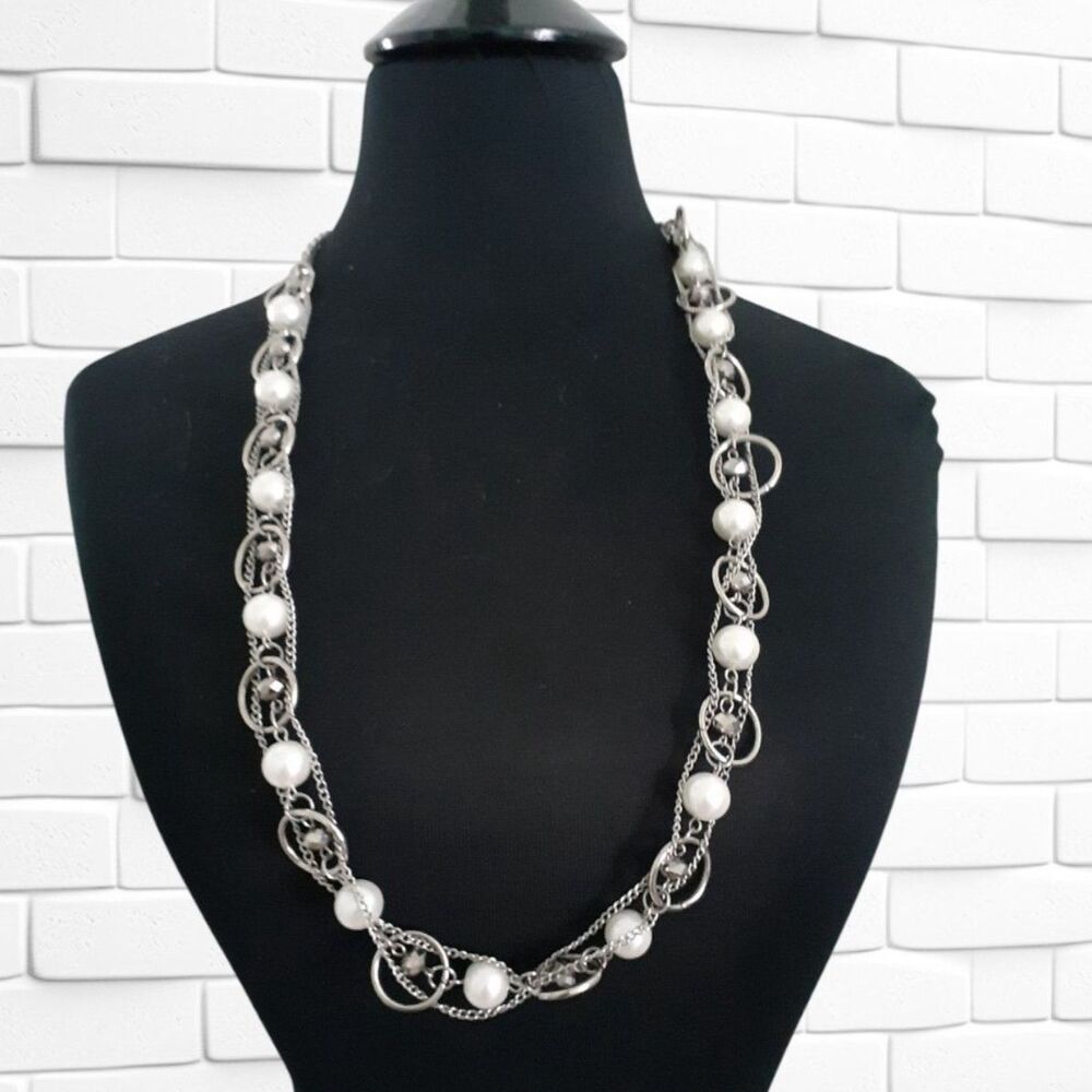 Vintage Long Silver Beads Hoop Chain with Faux Pearl Necklace 30" long